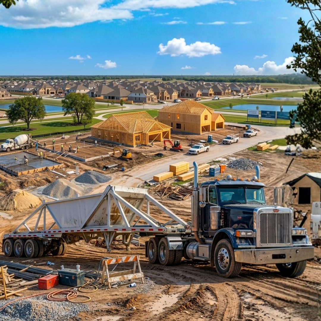 Construction site with belly dump truck and houses.