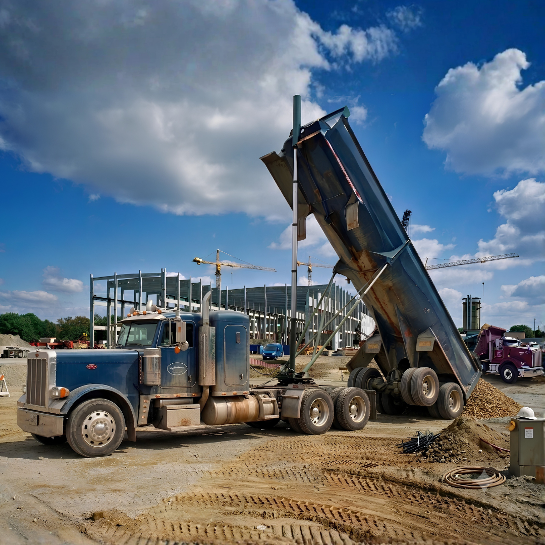 Dump truck unloading at construction site