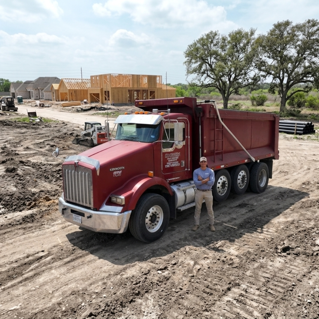 Red dump truck at construction site